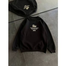 Kışlık Bisiklet Yaka Ön ve Arka Baskılı Sweatshirt - Siyah