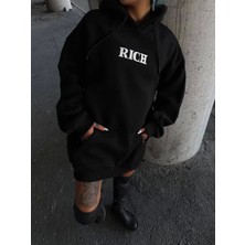 Uzun Kol Kapüşonlu Göğüs Baskılı Sweatshirt - Siyah