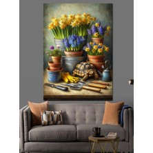 Çiçeklerle Dolu Saksı Bahçesi Dekoratif Kanvas - Mdf Ahşap Tablo