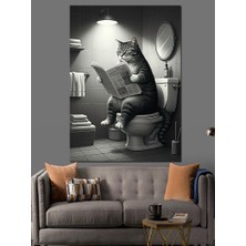 Tuvalette Kitap Okuyan Kedi Dekoratif Kanvas - Mdf Ahşap Tablo