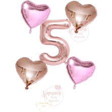 Rönesans Rose Gold Rakam Kalp ve Pembe Kalp Folyo Balon Seti Yaş 5