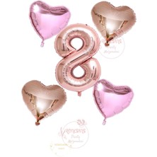 Rönesans Rose Gold Rakam Kalp ve Pembe Kalp Folyo Balon Seti Yaş 8
