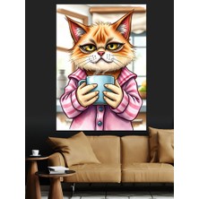 Kupa Tutan Sıcak Kedinin Karikatürü Dekoratif Kanvas - Mdf Ahşap Tablo