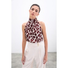 Boğazlı Kolsuz Bluz - Bej-Kahve