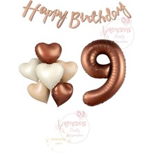 Rönesans Happy Bıthday Yazılı Kahverengi Renk Rakam ve Kalpli Folyo Balon Seti Yaş 9