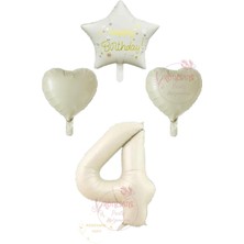 Rönesans Krem Renk Rakam Happy Bırthday Yazılı Yıldız ve Kalpli Folyo Balon Seti Yaş 4