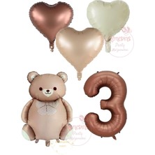Rönesans Kahverengi Renk Rakam Ayıcıklı ve Kalpli Folyo Balon Seti Yaş 3