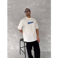 Lushio Wear Ön ve Arka Baskılı Oversize Bisiklet Yaka T-Shirt- Beyaz