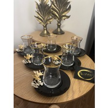 Paşabahçe Siyah Cam Tabaklı Kelebek Detaylı 12 Parça 6 Kişilik Çay Seti, Çay Takımı, İrem Çay Bardak