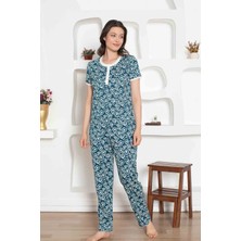 Bie's Kadın Çiçek Desen Bisiklet Yaka 3 Düğmeli Pamuk Penye Ince Yazlık Kısa Kol Pijama Takımı