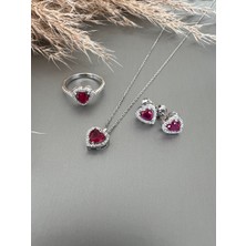 Zeta Jewel Gümüş Kalpli  Yüzük Kolye Küpe Seti