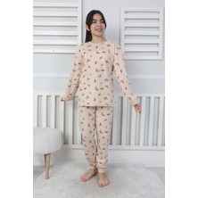 Isob Bej Kelebek Desenli %100 Pamuk Kız Çocuk Kısa Kollu Pijama Takımı 8-13 Yaş 41406-B