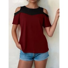 Veramall Kadın Kısa Kollu Omuzlardan Açık Detaylı Çift Renkli Viskon Bluz