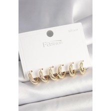 925 Ayar Gümüş Çivi Pirinç Gold Renk Işlemeli Halka Model Kadın Küpe Seti