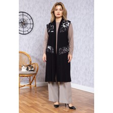 Kadın Orta Yaş Desenli Rahat Kalıp Volanlı Penye Anne Uzun Yelek 30352