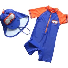 UPF50+ Güneş Korumalı Scubadiver Dalgıç Desenli Şirin Mavi Erkek Çocuk Mayo Şapka Set