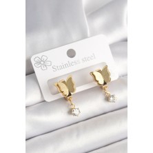 316L Çelik Gold Renk Sallantı Zirkon Taş Detaylı Simli Kelebek Model Kadın Küpe