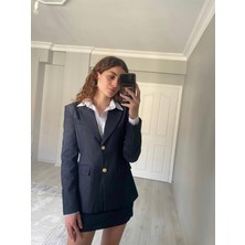 Gold Düğmeli Blazer Ceket Etek Denim Takım