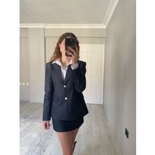 Gold Düğmeli Blazer Ceket Etek Denim Takım