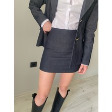 Gold Düğmeli Blazer Ceket Etek Denim Takım