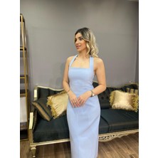 Boyun Askılı Sırtı Açık Midi Boy Elbise