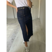 Koyu Lacivert Yırtmaçlı Denim Etek
