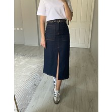 Koyu Lacivert Yırtmaçlı Denim Etek