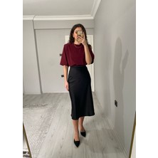 Yüksek Bel Midi Boy Saten Etek