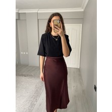 Yüksek Bel Midi Boy Saten Etek