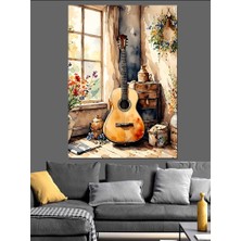 Pencere Kenarındaki Gitar Dekoratif Kanvas - Mdf Ahşap Tablo