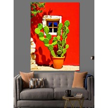Kaktüs ve Kırmızı Duvar Dekoratif Kanvas - Mdf Ahşap Tablo