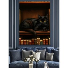 Ekart Kitaplıkta Kara Kedi Dekoratif Kanvas - Mdf Ahşap Tablo