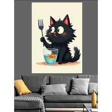 Ekart Çatal Tutan Kedi Dekoratif Kanvas - Mdf Ahşap Tablo