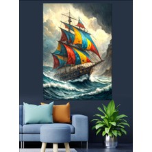 Karizma Tablo Yelkenli Gemi Dalgalarda Dekoratif Kanvas - Mdf Ahşap Tablo