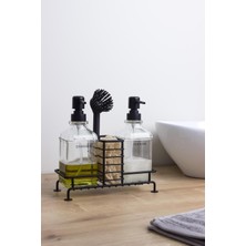 Okyanus Home Siyah Pompalı Fırçalı ve Standlı Ikili Kare Cam Sıvı Sabunluk 500ML