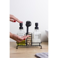 Okyanus Home Siyah Pompalı Fırçalı ve Standlı Ikili Kare Cam Sıvı Sabunluk 500ML