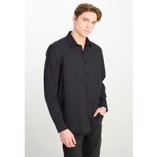%100 Pamuk Regular Fit Normal Kesim Uzun Kollu Siyah Gömlek