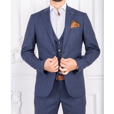 Paco Romano Erkek Slim Fit Sivri Yaka Mavi Yelekli Takım Elbise