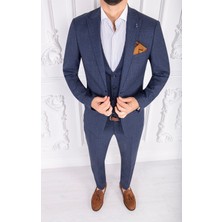 Paco Romano Erkek Slim Fit Sivri Yaka Mavi Yelekli Takım Elbise