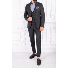 Paco Romano Erkek Slim Fit Sivri Yaka Siyah Yelekli Takım Elbise