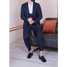 Paco Romano Erkek Slim Fit Sivri Yaka Lacivert Çizgili Yelekli Takım Elbise