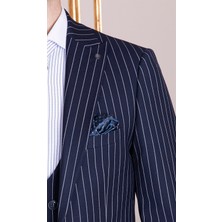 Paco Romano Erkek Slim Fit Sivri Yaka Lacivert Çizgili Yelekli Takım Elbise