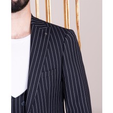 Paco Romano Erkek Slim Fit Sivri Yaka Siyah Çizgili Yelekli Takım Elbise