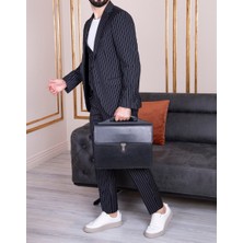 Paco Romano Erkek Slim Fit Sivri Yaka Siyah Çizgili Yelekli Takım Elbise