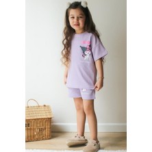 Lila Kuromi Kısa Kollu Şortlu Çizgi Karakter Baskılı Kız Çocuk 2li Takım