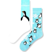 Sağlı Sollu Penguen Desenli Turkuaz Renkli Çorap