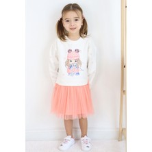 Breeze Kız Çocuk Uzun Kollu Elbise Arkadaş Temalı Kolları Kalp Desenli 2-6 Yaş, Ekru