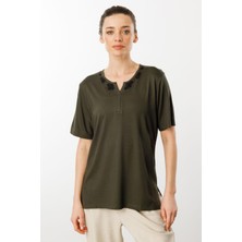 Desen Triko Kadın Açma Yaka Dantel Çiçek Işlemeli Penye T-Shirt Haki