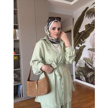 Aselim Hijap Moda Çizgili Kuşaklı Pamuklu Gömlek Takım Beyaz