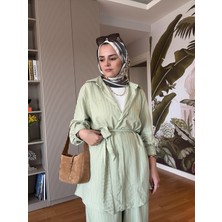 Aselim Hijap Moda Çizgili Kuşaklı Pamuklu Gömlek Takım Beyaz
